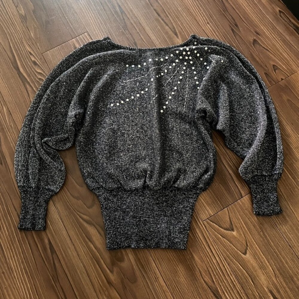 Vintage 1980s Black/Silver Metallic Sequin Starburst Dolman Sweater M